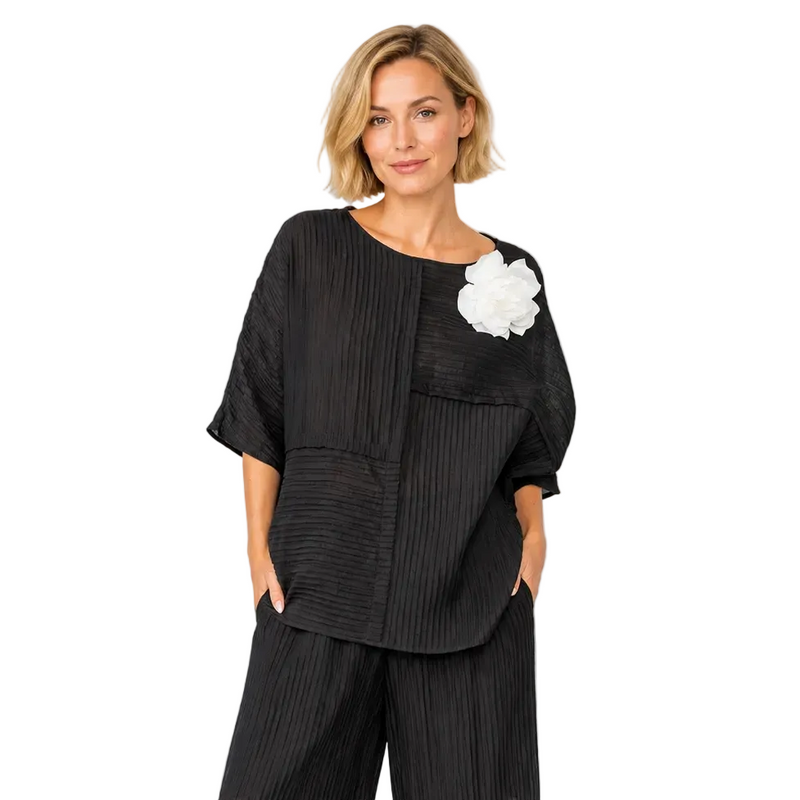 Mixed Direction Stripe Cocoon Top in Black - 6814T-BLK
