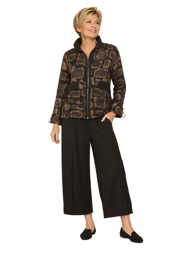 Abstract Print Zip Front Jacket in Taupe, Brown & Black - 4312