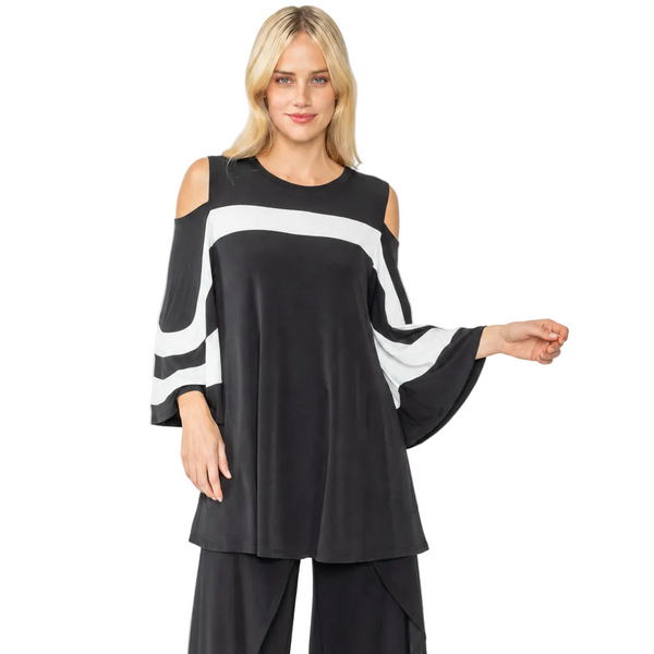 Bold Stripe Open-Shoulder Tunic in Black & White -1381T-BK