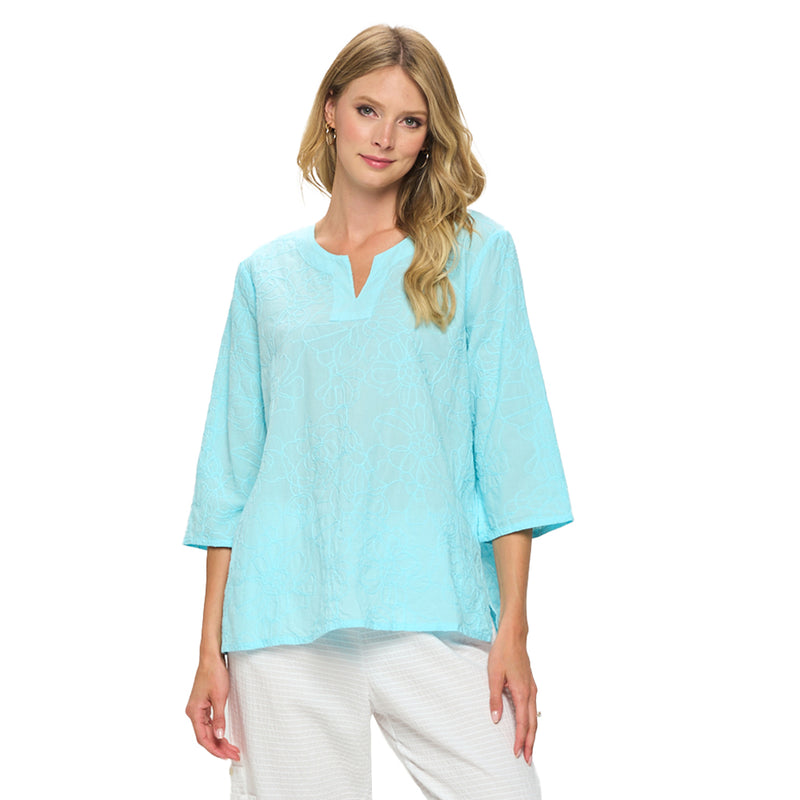 Floral Embroidered Voile Top in Aquatic - EC420-AQ - Size XL Only!