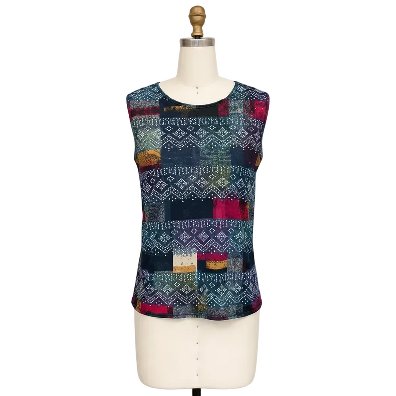 Just In! Geometric & Denim Print Mesh Jacket & Soft Knit Tank - 31456