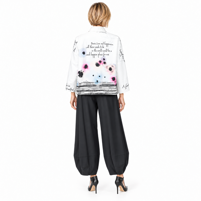 Floral & Script Print Cotton-Stretch Asymmetric Shirt - 7251B