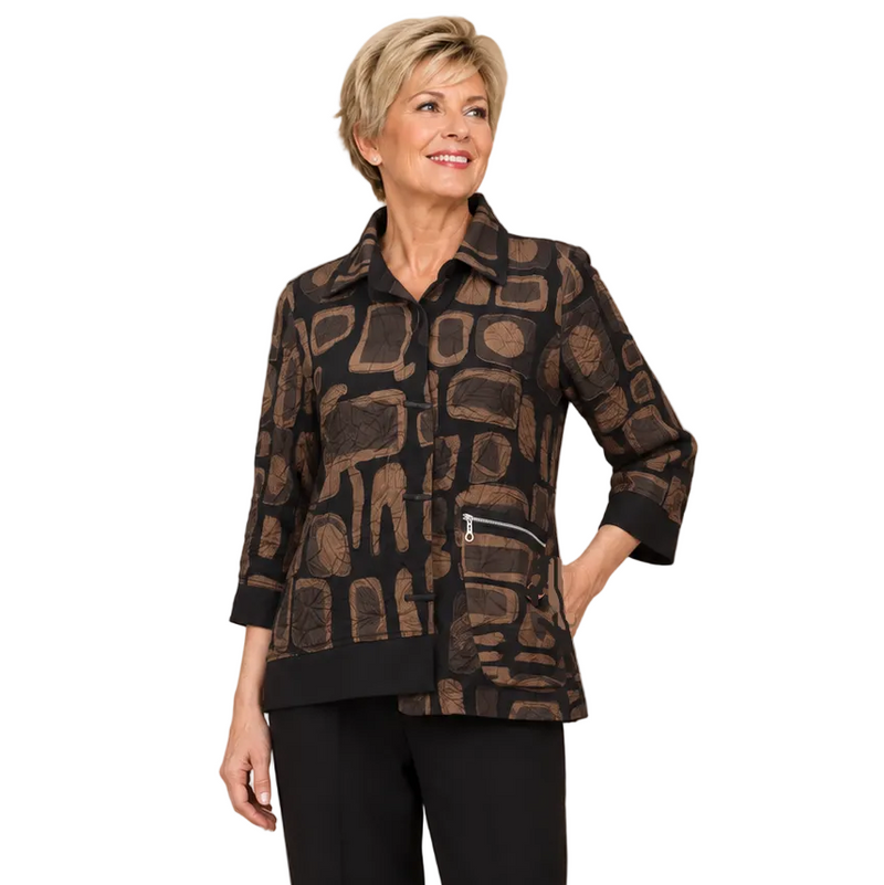 Abstract Print Asymmetric Jacket in Taupe, Brown & Black - 4317