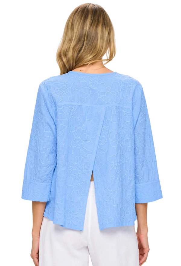 Embroidered Cotton Voile Split-Back Top in Azure - EC432