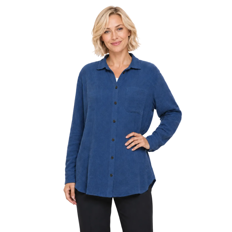 Textured Button Front Tunic Shirt in BLUE - JG212-NVY