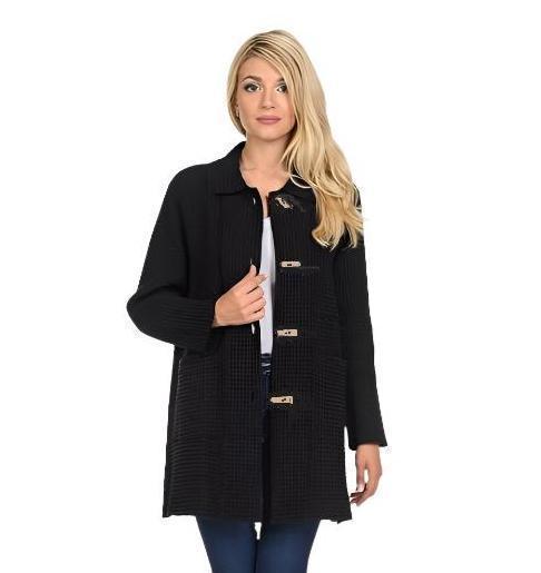 Focus Long Button Up Waffle Jacket in Black - BW-111-BLK