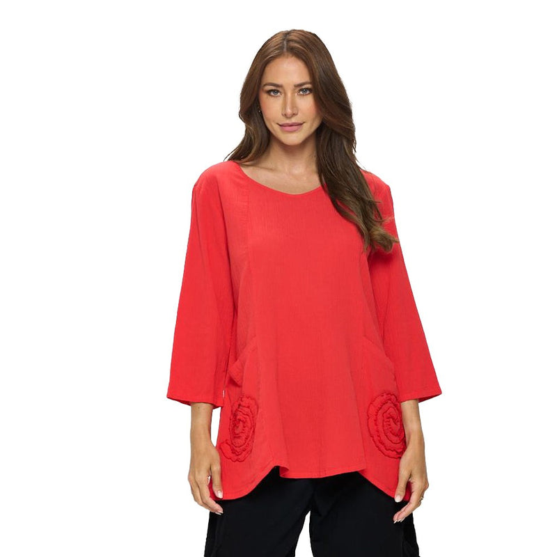 V-Neck Tunic with  Embroidery Pockets in Red - CG-201-RD