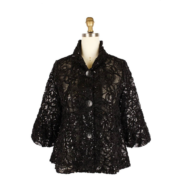 Floral Chenille & Sequin Peplum Jacket in Black - 2411-BLK