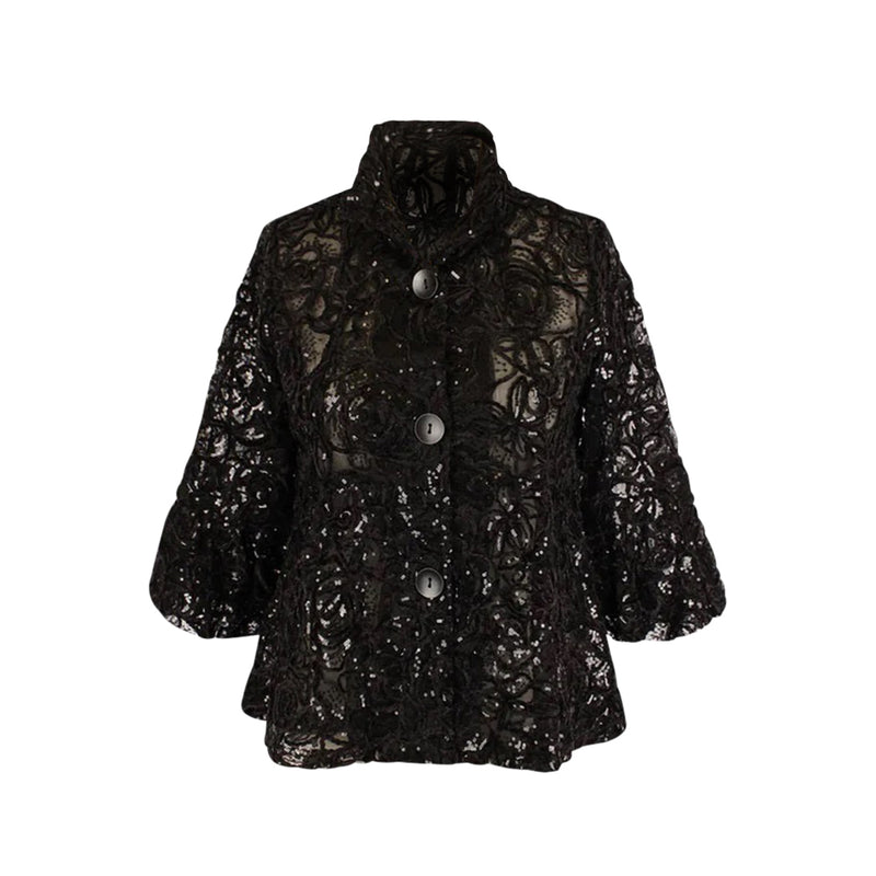 Damee Floral Chenille & Sequin Peplum Jacket in Black - 2411-BLK