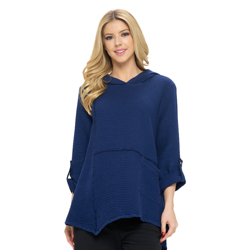 Focus Fashion Hooded Waffle Tunic in Navy - FW-150-NVY