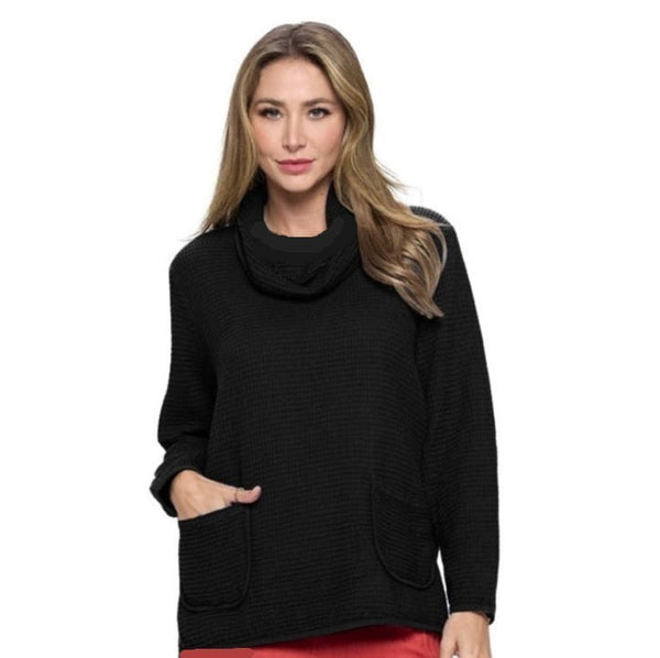 Focus Cowl-Neck Waffle Sweater Tunic in Black - FW137-BK