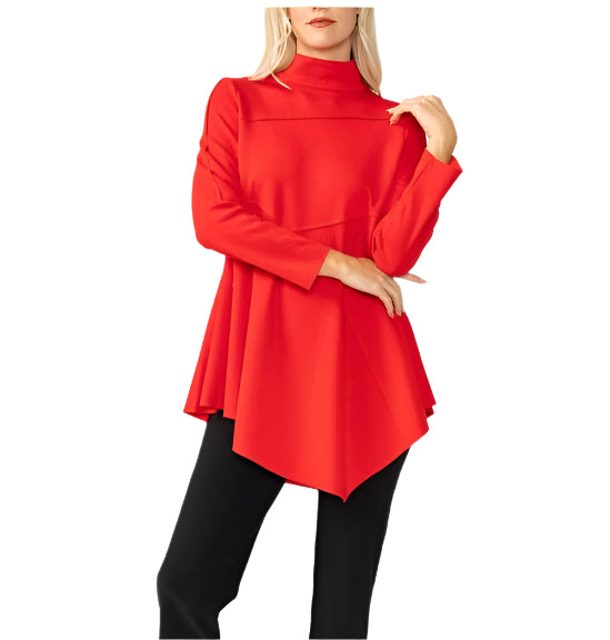 Solid High Collar Asymmetric Tunic in Red - 4759T-RD