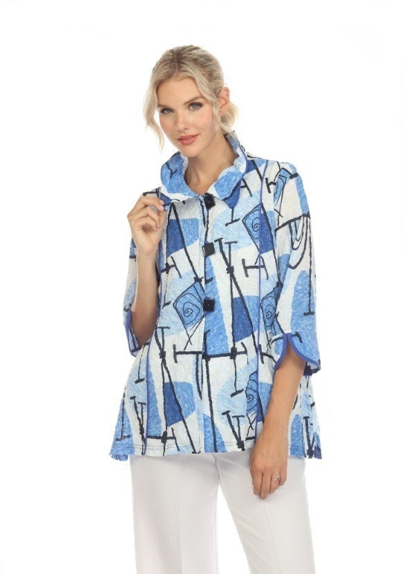 Moonlight Abstract Blouse in Blue Hues, Black & White - 3726