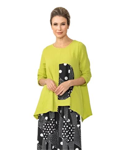 Just In! IC Collection Polka-Dot Trim Asymmetric Tunic in Lime/Black/White - 7068T