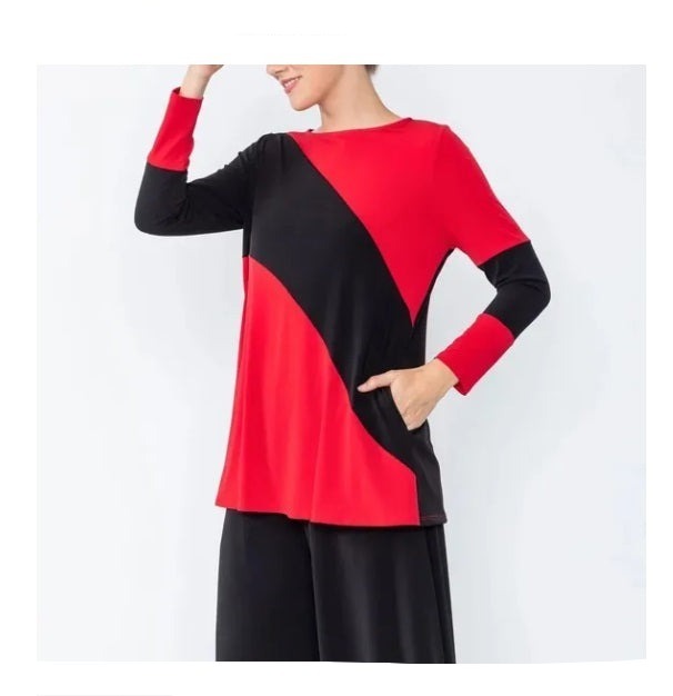 IC Collection Colorblock Side Pocket Tunic in Red & Black - 4965T-RD - Size M Only!