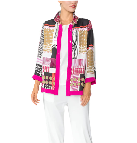 IC Collection Geometric-Print Blouse in Fuchsia Multi - 6042B