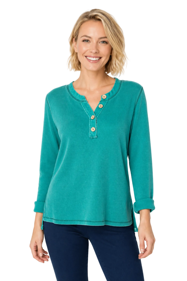 Textured Cotton Henley Top - 26538