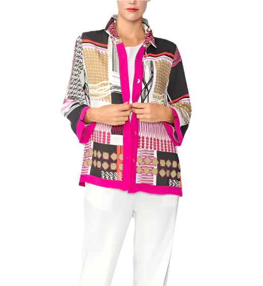 Mixed-Print Button Front Jacket in Fuchsia Multi - 6042B