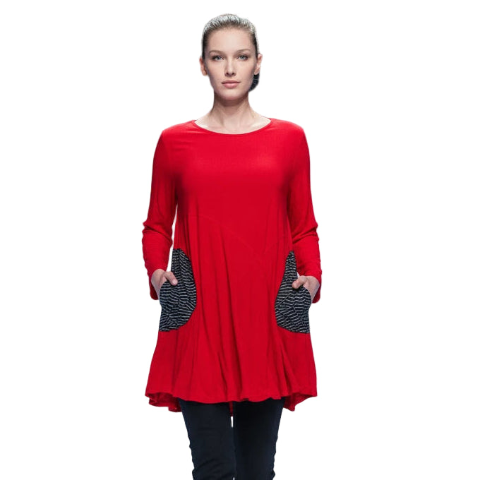 Crinkle Textured Tunic W/ Pockets in Red - 2754-RD