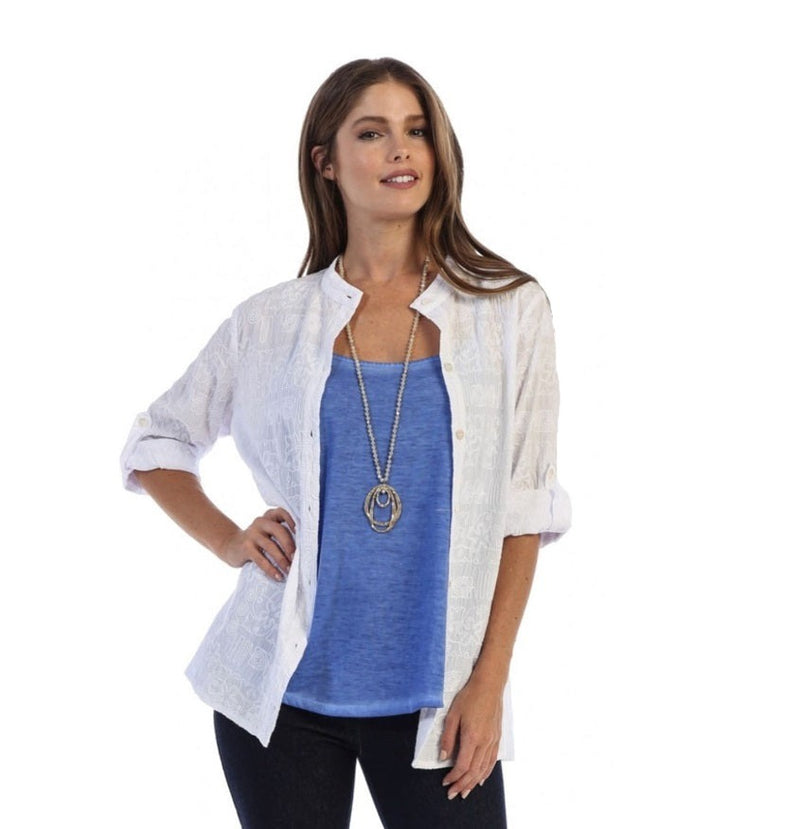 Focus Embroidered Cotton Voile Button Front Shirt in White - C737-WHT