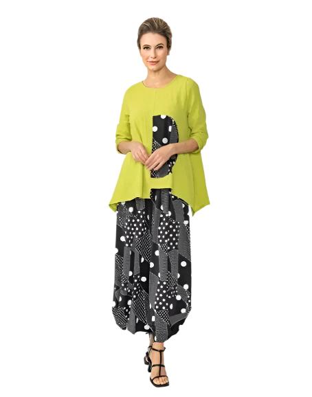 Just In! IC Collection Polka-Dot Trim Asymmetric Tunic in Lime/Black/White - 7068T