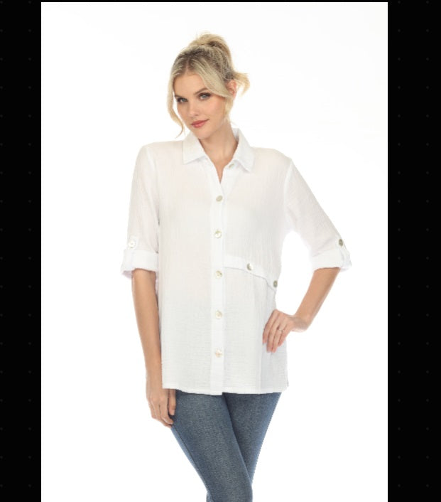 Focus Double Gauze Button Front Tunic Shirt in White - JG-201-WT