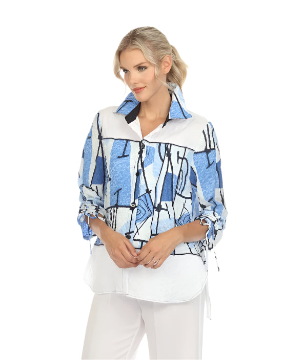 Textured Abstract-Print High-Low Blouse in Blue, White & Black - 3710