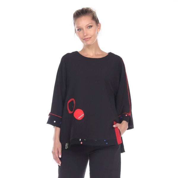 Moonlight Top W/ Piping & Circles Trim in Black/Red - 2773