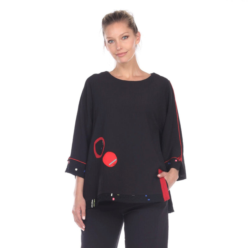 Moonlight Top W/ Piping & Circles Trim in Black/Red - 2773