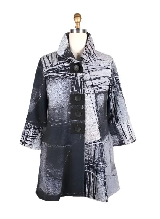 Damee Abstract Art-Print Button Front Coat in Greys & Black - 4843 - Size XL Only!