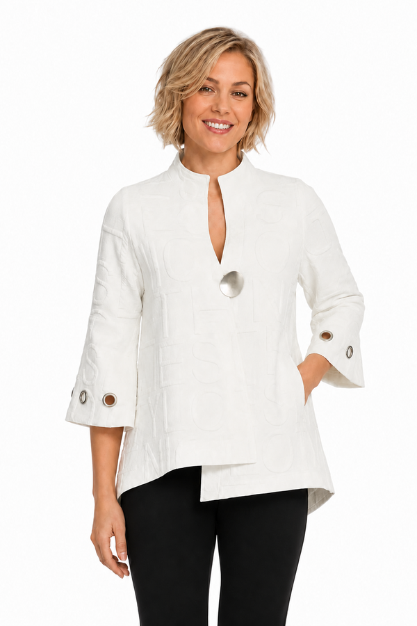 Textured Lettering Asymmetric Jacket in Ivory - JADE-WHT