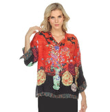 Asian Inspired Floral Print Silk Blouse in Red - 1213LMT