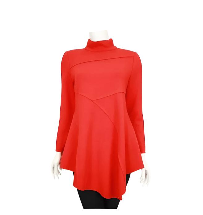 IC Collection Solid High Collar Asymmetric Tunic in Red - 4759T-RD