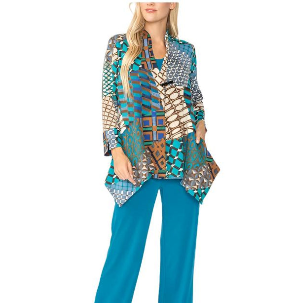 IC Collection Mosaic Patchwork Asymmetric Jacket in Teal - 5065J-TL