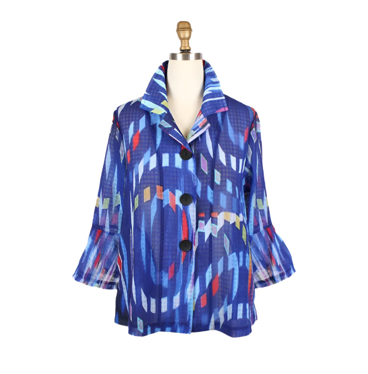 Vibrant Spiral-Print Sheer Jacket in Blue/Multi - 2458-BLU