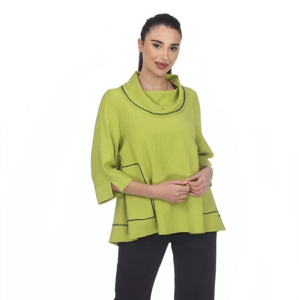 Moonlight Drape-Neck Tunic Top w/ Stitching in Lime - 3515-LM