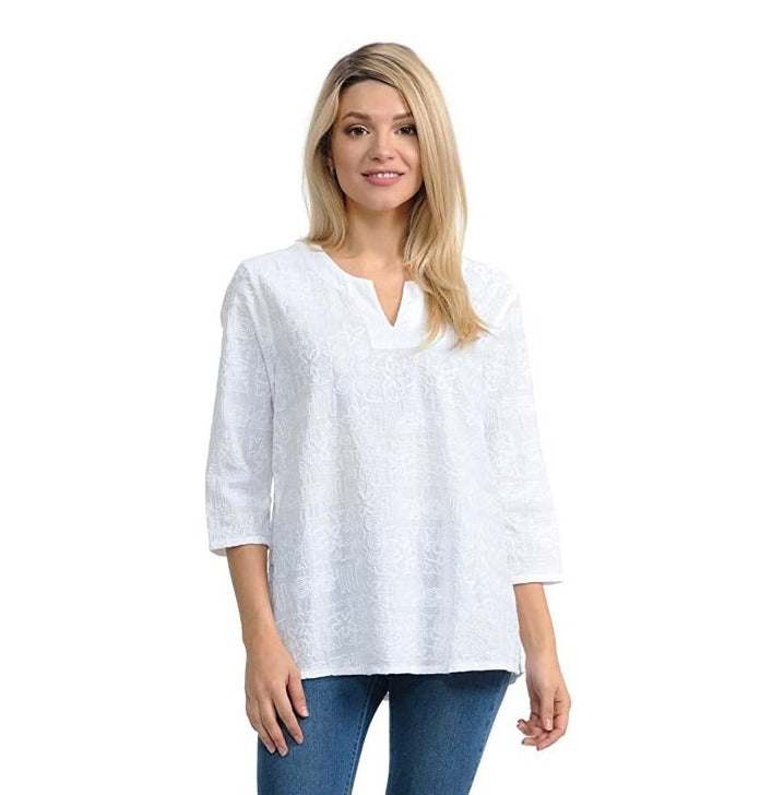 Focus Embroidered Cotton Voile Split Top in White - C-630-WHT