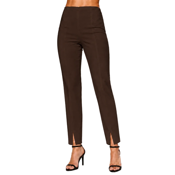 Straight Leg Pants with Front Ankle Slits in Brown - KLA-BRN