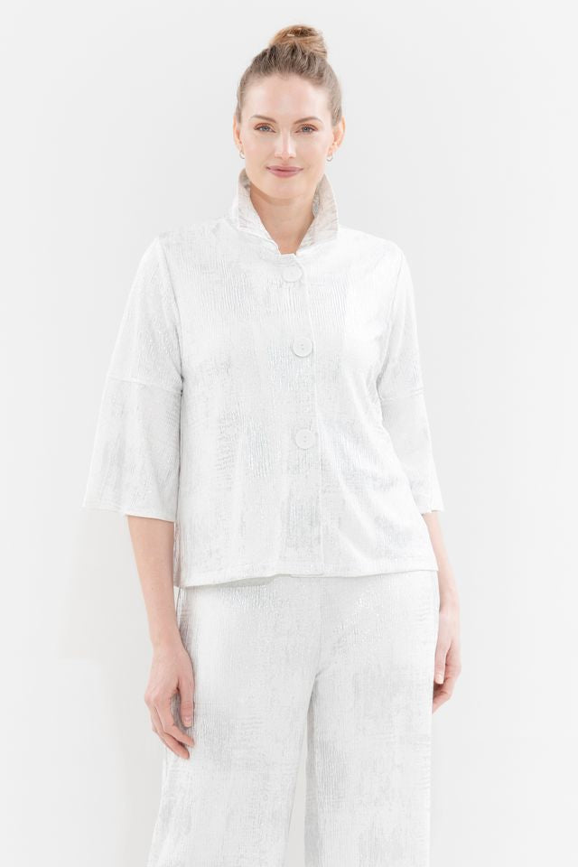 Shimmer Textured Button Front Jacket in Silver/White - 5093