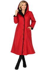 Fur-Lined Hooded Midi Coat in Red & Black  - C2679RW-2