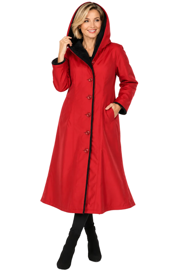 Fur-Lined Hooded Midi Coat in Red & Black  - C2679RW-2