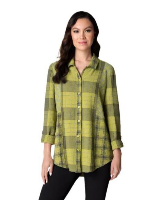 Habitat "Girl Gone Plaid"- Boyfriend Shirt in Pear - 40743