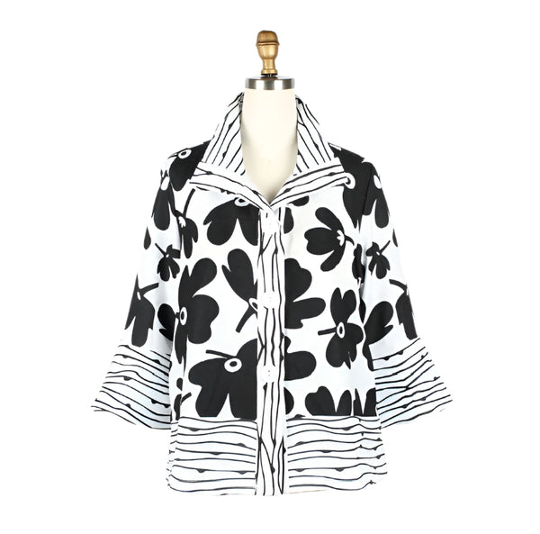 Black & White Floral-Print Jacket w/ Contrast Border -  4961-BLK