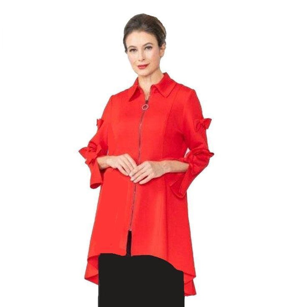 IC Collection High-Low Jacket with Bow Bell Sleeves in Red - 4782J-RD