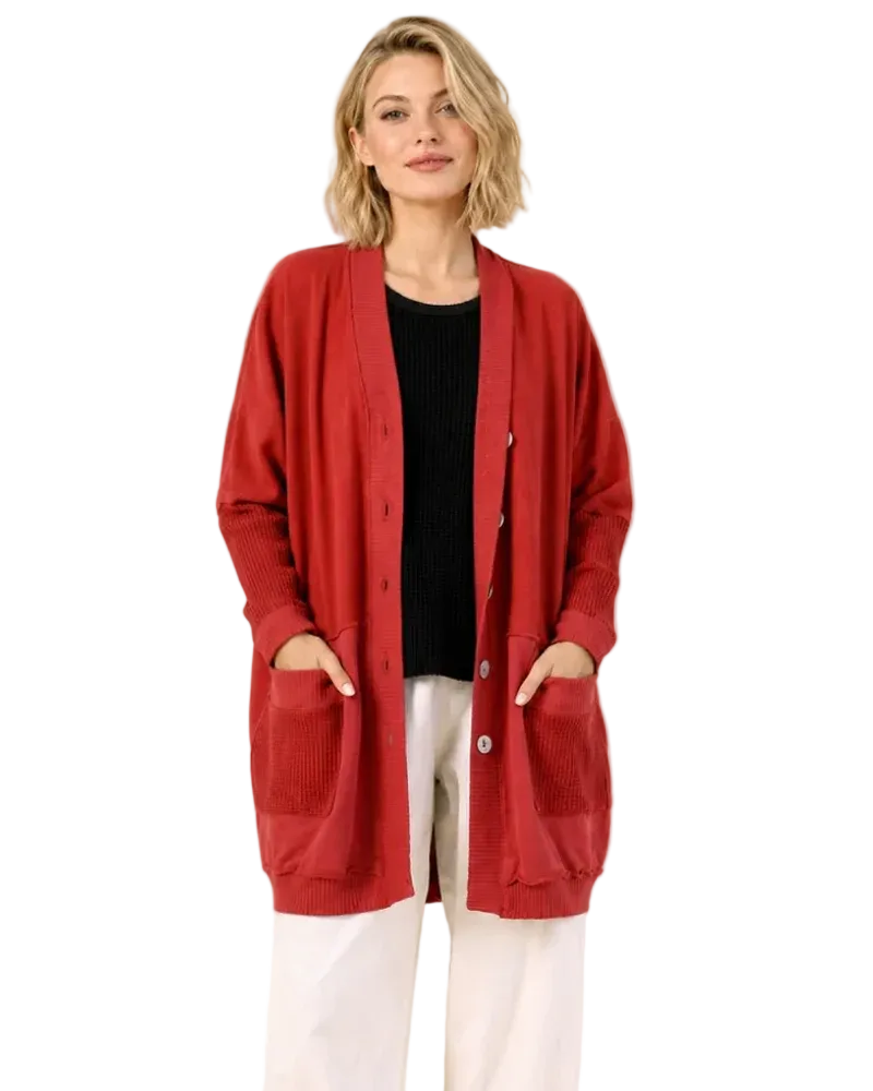 Fleece & Waffle Knit Long Cardigan in Rose - C47041