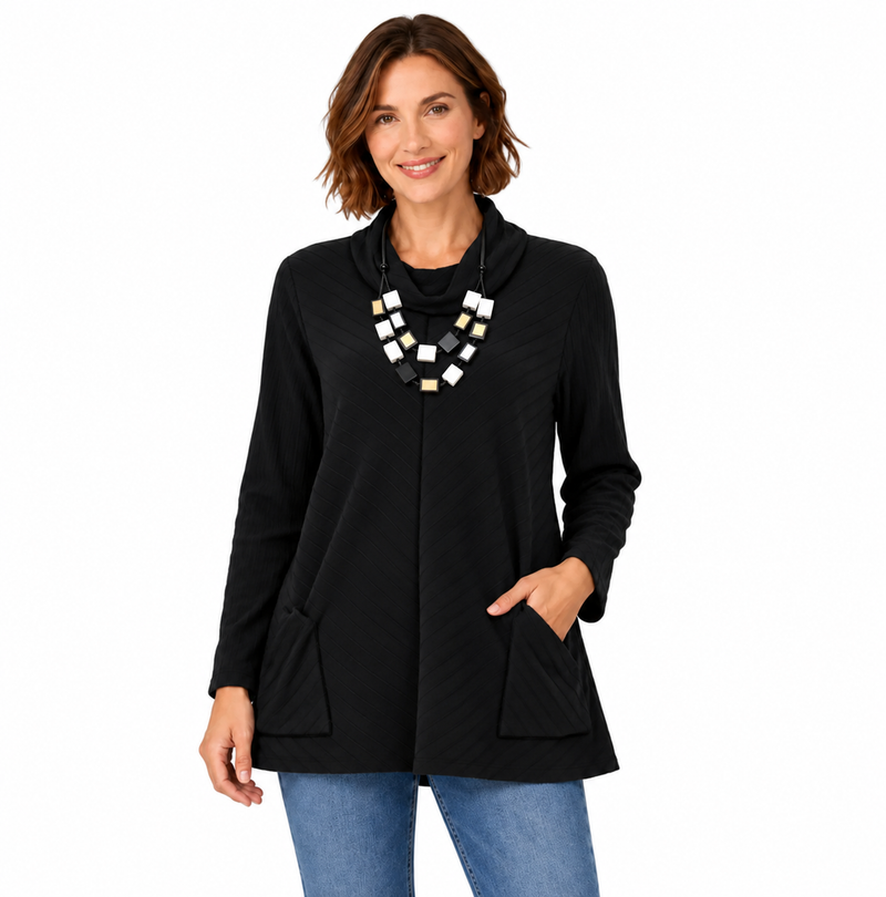 Cotton Diagonal-Rib Cowl-Neck Tunic - CS382