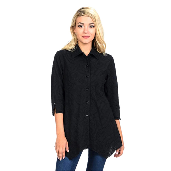 Focus Embroidered Button Front Blouse in Black - EC-104-BLK