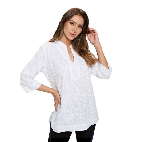 Focus Embroidered Tunic Top in White - EC-426-WT