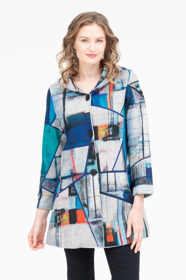 Modern Art-Print Hooded Flannel Coat in Multi - 4905