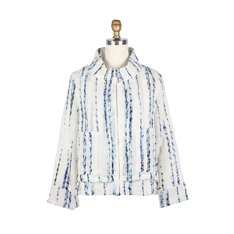 Textured Stripe Cinch-Waist Jacket in Ivory & Blue - 5045